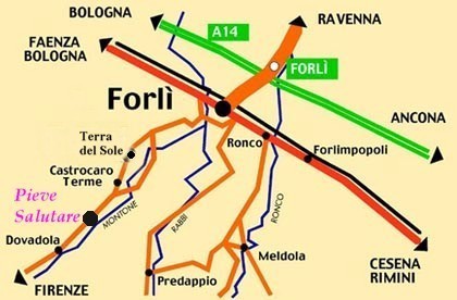 Mappa schematica della posizione di Pieve Salutare tra Forlì, Castrocaro Terme e Dovadola